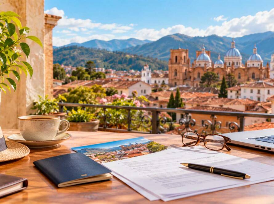 Retiree planning an Ecuador retirement visa with documents and a view of Cuenca Ecuador